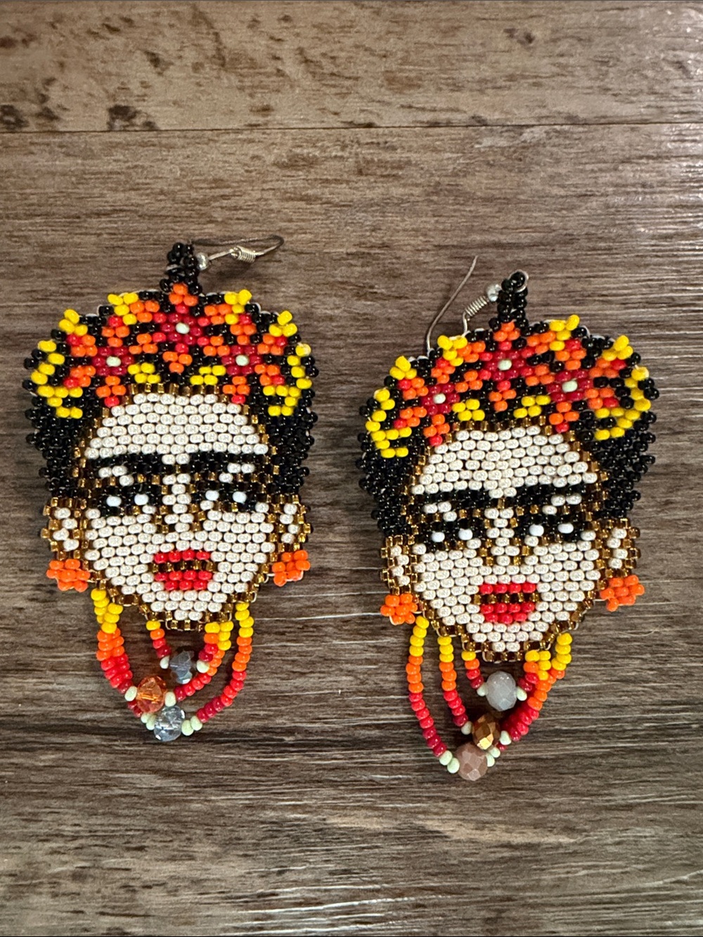 Handcrafted Beaded Frida-Inspired Drop Earrings in Black, Red & Yellow